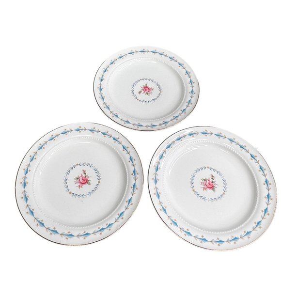 Harmony House Mount Vernon Hall China Bread Butter Plates Set 3 Blue Pink Floral - Picture 1 of 7